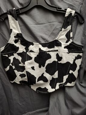 Lonestar Women’s Cow Print Scoop Neck Crop Top - Black & White Size Small